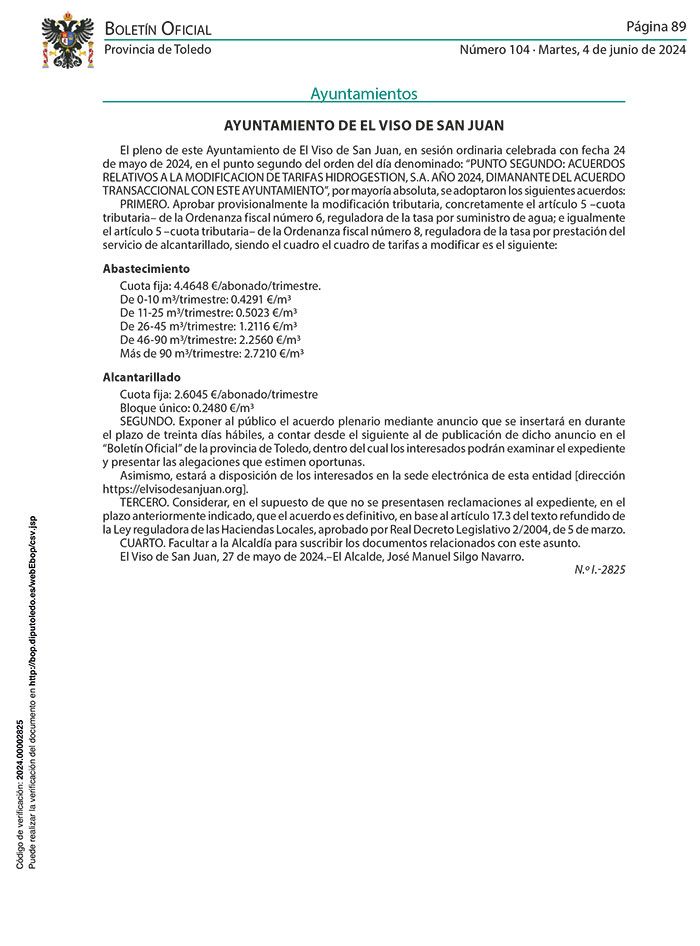 Acuerdo del pleno para Modificación de tarifas Hidrogestión S.A. 2024