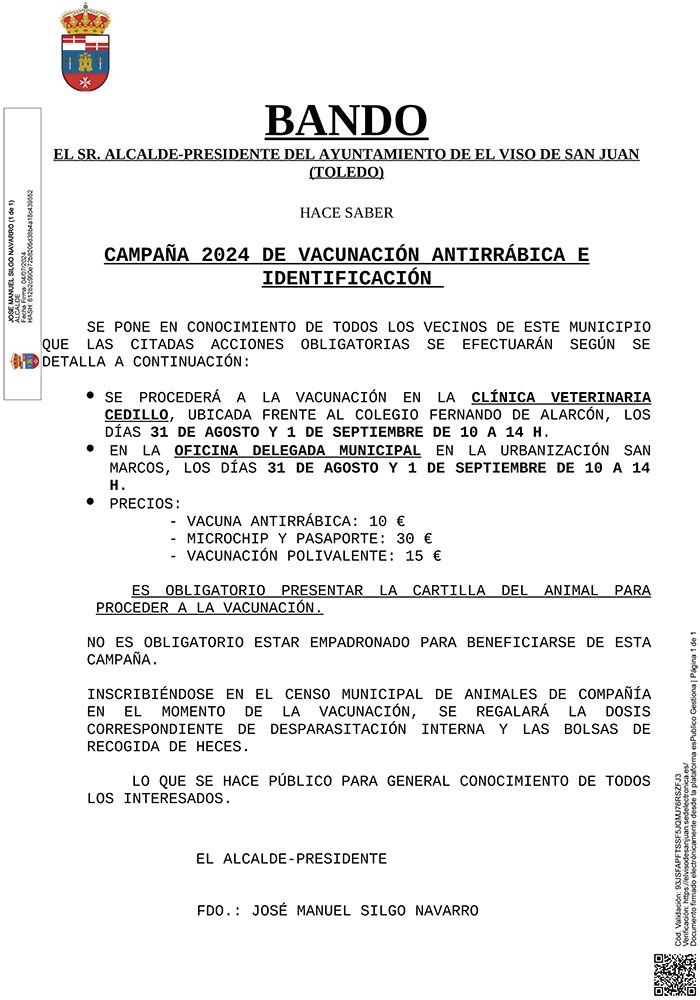 Bando de Alcaldía sobre la Campaña 2024 de vacunación antirrábica e identificación